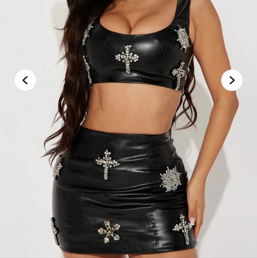 Black Embellished Crop Top And Matching skirt set